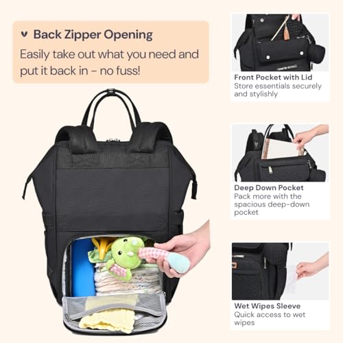 BabbleRoo Diaper Bag Backpack, Multifunction Nappy Changing Bag with Changing Pad, Stroller Straps & Pacifier Case, Unisex Stylish Travel Back Pack for Moms & Dads - Black - color: Black