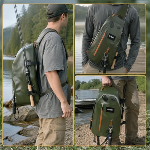 Goture Waterproof Fly Fishing Sling Pack, IPX8 840D TPU Fishing Sling Bag, 13L Tackle Backpack with Rod Holder,Airtight Zipper,Exhaust Valve,Adjustable Strap for Kayaking,Wadering,Hiking - color: A2:13L Green