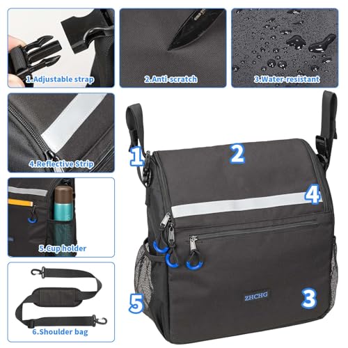 ZHCHG Wheelchair Bags, Wheelchair Backpack with Cup Holder, Wheelchair Bags to Hang on Back, Electric Wheel Chair Accessories, Large Storage Bag for Walker Rollator - style: Black