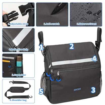 ZHCHG Wheelchair Bags, Wheelchair Backpack with Cup Holder, Wheelchair Bags to Hang on Back, Electric Wheel Chair Accessories, Large Storage Bag for Walker Rollator - style: Black