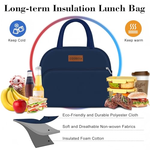 Coobiiya Lunch Bag for Men and Women - Navy Blue, Aluminum, 10.8" x 6.3" x 8.85" - Spacious, Lightweight, and Durable - color: Navy