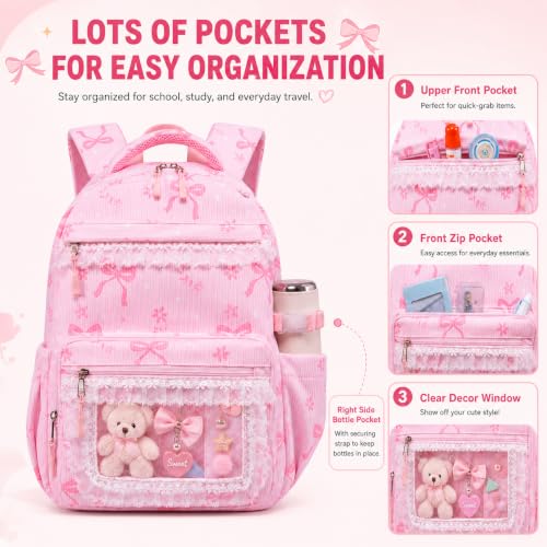 LEDAOU School Backpack for Teen Girls Elementary Middle School Bookbag Kids Backpacks Women Laptop Backpack Travel Daypack (Lace Clear Pocket - Bow Pink) - color: Lace Clear Pocket - Bow Pink