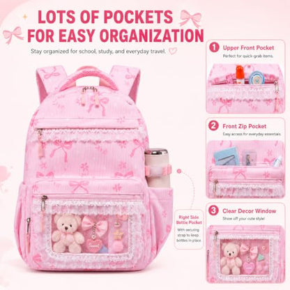 LEDAOU School Backpack for Teen Girls Elementary Middle School Bookbag Kids Backpacks Women Laptop Backpack Travel Daypack (Lace Clear Pocket - Bow Pink) - color: Lace Clear Pocket - Bow Pink