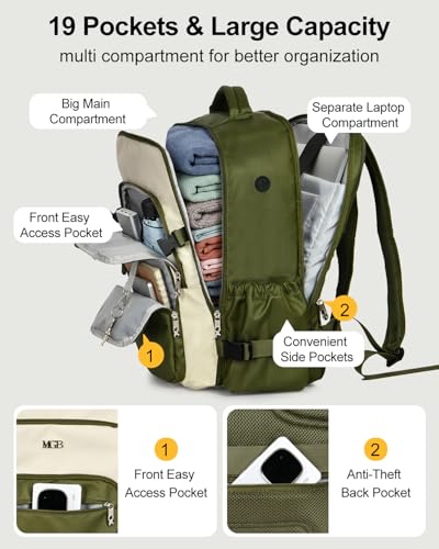 Travel Backpack for Women & Men, Carry On Personal Item Bag Flight Approved, Large Waterproof Laptop Backpack for Travel, Overnight, College & Commuting Green-Beige - color: Green/Beige