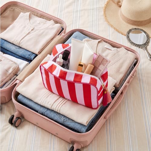 Kacctyen 6 Pack Tomato Red and Light Pink Striped Makeup Bag bulk with Tassel Travel Cosmetic Pouch Organizer Large Zipper Toiletry Case for Women Aesthetic Storage Pouch Mahjong Tile Bag - color: Tomato Red and Light Pink