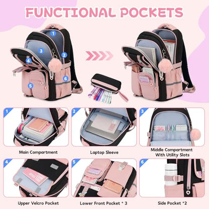 MUSEVOS Girls Backpack, Kids Backpack for Girls, School Bookbag for Teens Age 6-15, Large Capacity Water Resistant Backpack for Elementary to High School, Cute Travel Daypack, Black Pink 3pcs - color: Black Pink-3pcs