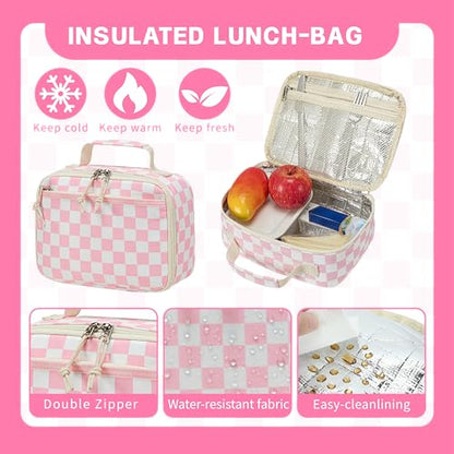 LEDAOU Lunch Box Kids Insulated Lunch Bag Girls Boys Toddler Reusable Lunchbox for School Picnic Hiking (Checkered-Pink) - color: Checkered-Pink
