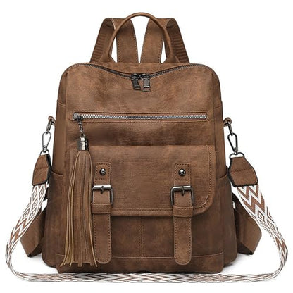 Fashion PU Leather Backpack Purse for Women Travel Backpack Bag with Tassel Ladies Shoulder Handbags Casual Daypack - color: Brown