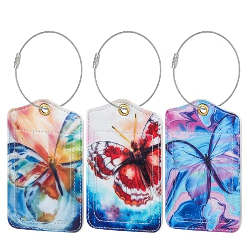 Fishent Luggage Tag, 3 Pack Travel Cruise Luggage Tags for Suitcases, Cute Suitcase Tags Identifiers Bag Tags with Privacy Flap, Baggage Name Tag for Women Men Luggage Backpack Handbag School Bag - color: E_dreamy Butterfly
