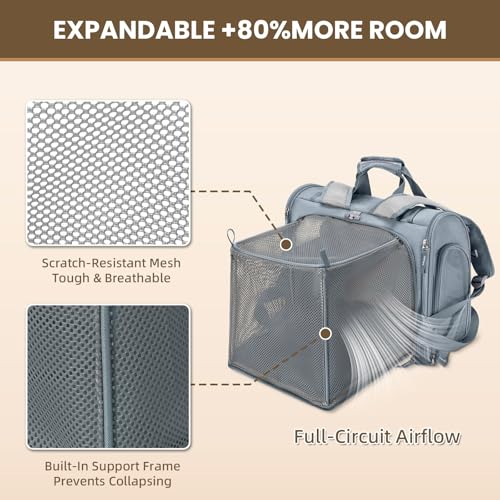 Lollimeow Expandable Large Cat Carrier Backpack, Supports up to 22 lbs - color: Light Grey, size: 16.5"L x 10.2"W x 15.8"H