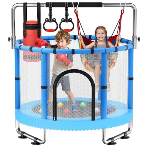 Toddler Trampoline for Kids, 440lbs Kids Trampoline with Net, Trampoline Indoor Outdoor playset with Adjustable Gymnastics Bar, Easy Assembly