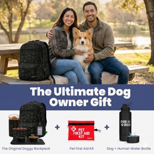 Dog Travel Bag for Supplies - Complete Dog Diaper Bag Backpack with 2 BPA-Free Travel Bowls, Treat Pouch, Food Container, Placemat & Laptop Sleeve – for Traveling, Road Trips, Hiking: Black-Paw Print - color: Black/Grey Paw Print