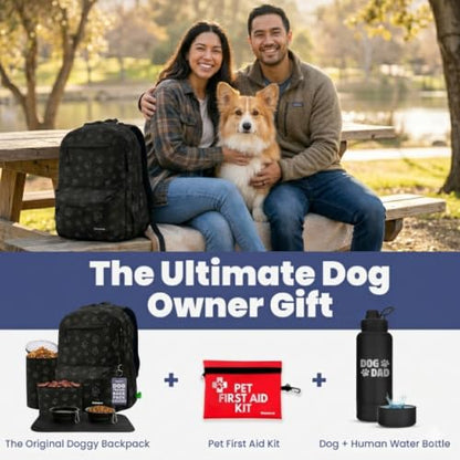Dog Travel Bag for Supplies - Complete Dog Diaper Bag Backpack with 2 BPA-Free Travel Bowls, Treat Pouch, Food Container, Placemat & Laptop Sleeve – for Traveling, Road Trips, Hiking: Black-Paw Print - color: Black/Grey Paw Print