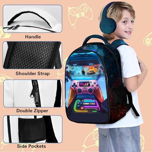 Boys Backpack with Lunch Box and Pencil Case, 3Pcs Gamer Backpack for Boys Teens, 17 Inch Large Capacity - color: Game-tkcz-5