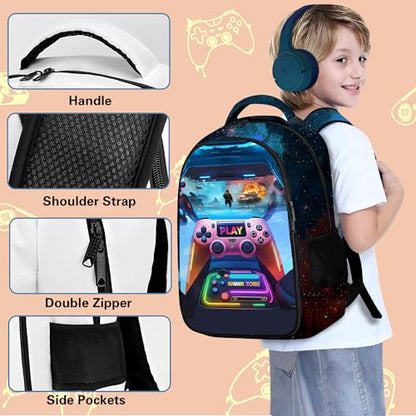 Boys Backpack with Lunch Box and Pencil Case, 3Pcs Gamer Backpack for Boys Teens, 17 Inch Large Capacity - color: Game-tkcz-5