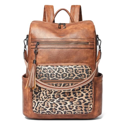 Shrrie 15.6 inch Laptop Backpack for Women,Large Leather Purse,Travel Backpacks Carry on,Water Resistant Casual Laptop Backpacks,College Backpack,Work Backpack for Women,Two-tone Camel Brown - color: Brown With Leopard