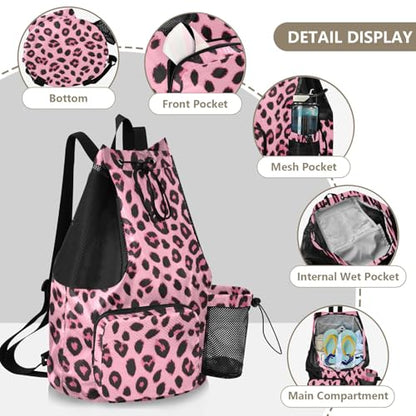 Bolaz Beach Drawstring Backpack Mesh Swim Bag for Men Women Pinks Leopard Cheetah Swimming Gym with Wet Pocket Packable Sports - color: Pinks Leopard Cheetah