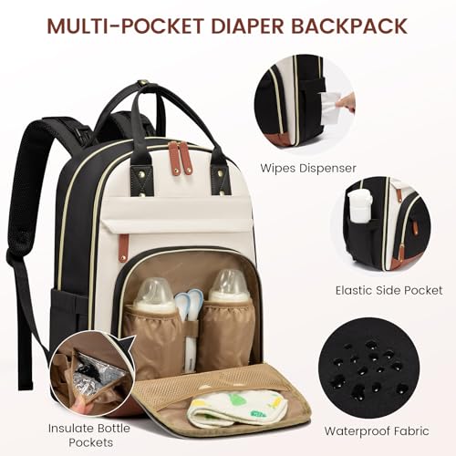 LOVEVOOK Diaper Bag Backpack, Baby Bag with Changing Pad, Large Diaper Backpack Boy Girl, Waterproof Baby Registry Bag for Mom Dad with Stroller Buckles, Beige Brown Black - color: Beige Brown Black