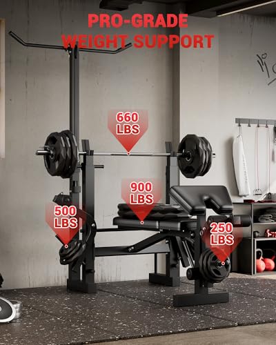GarveeTech 8-in-1 Weight Bench Set for Home Gym, Foldable Workout Benchs with Preacher Curl Pad, LAT Pulldown and Leg Extension Leg Curl, Bench Press for Full Body Exercise