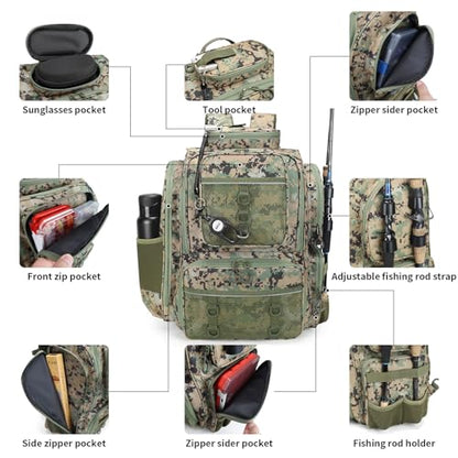WANOON Fishing Backpack,Fishing Bag with Rod Holders. Large Ttackle Backpack Strong Materials,42L - color: Camouflage Black, size: 42L-Without Tackle Boxes
