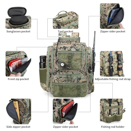WANOON Fishing Backpack, Ttackle Bag,with Tackle Boxes. Large Fishing Bag Strong Materials - color: Camouflage Black, size: 42L-With Tackle Boxes