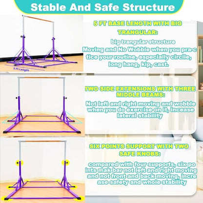 Marfula Gymnastic Bar For Kid and Teenage of 3-25, 5Ft/8 FT Base Length 4Ft Width 5Ft Adjust Height, Gymnastic Kip Bar For Gymnast, Gymnastic Training Equipment For Professional Training Home Club Use - color: Purple(5 Ft Base)