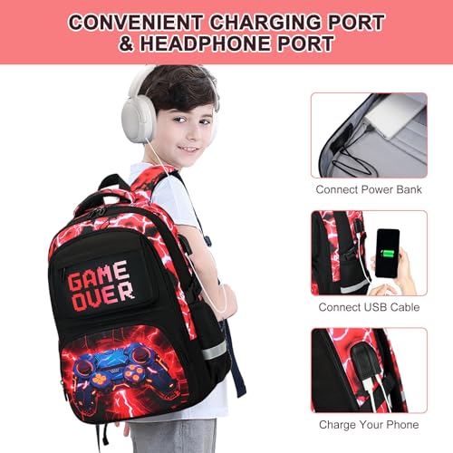 3PCS School Backpack for Boys, Cool Gamer Boys Backpack with Lunch Box and Pencil Case for Kids Kindergarten Teens Elementary Middle School Bag with Convenient Charging Port,Gaming Bookbag Waterproof - color: Red Lightning