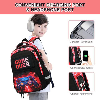 3PCS School Backpack for Boys, Cool Gamer Boys Backpack with Lunch Box and Pencil Case for Kids Kindergarten Teens Elementary Middle School Bag with Convenient Charging Port,Gaming Bookbag Waterproof - color: Red Lightning