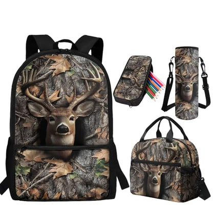 Deer Camo Backpack for Boys Backpacks with Lunch Box Water Bottle Holder Zipper Pencil Case 4PCS Set 6th Grade Backpack for Girls Kids Bookbag for Kindergarten Primary School Bags - color: Deer Camo