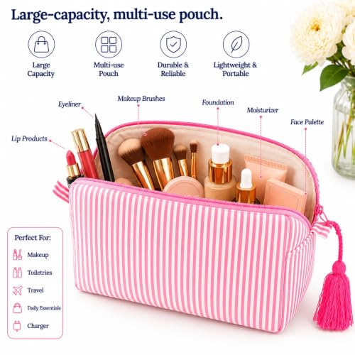 Huar Travel Makeup Bag - Large Capacity Cosmetic Bags for Women - color: Pink Stripe