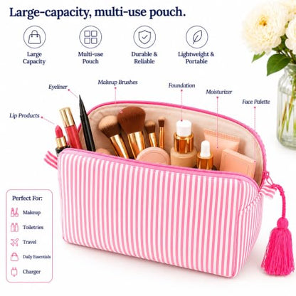 Huar Travel Makeup Bag - Large Capacity Cosmetic Bags for Women - color: Pink Stripe