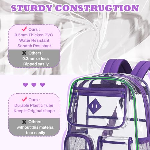 PIG PIG GIRL Clear Backpack for School,Heavy Duty PVC Transparent Bookbag for Girls Stadium Approved See Through Backpack - color: Dark Purple
