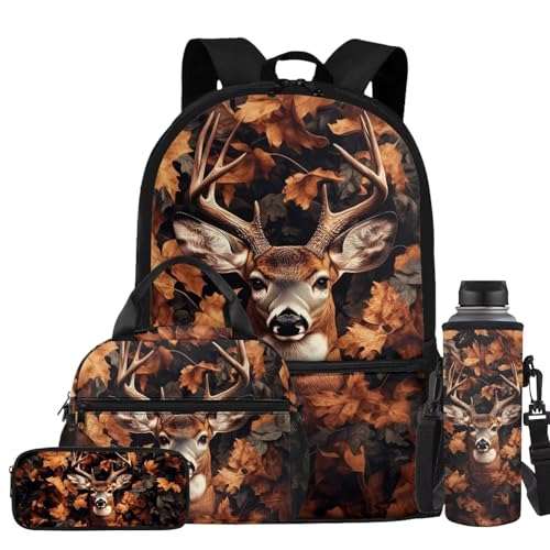 Forest Deer Backpack for Boys 8-12 Kids Backpack with Lunch Box Water Bottle Holder and Pencil Case 4PCS Boys Bookbag for Kindergarten Primary School Bags with Front Pocket School Supplies - color: Forest Deer