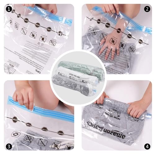 Amazon Basics Roll-Up Travel Compression Storage Bags for Clothes and Towels, No Vacuum Needed, Clear, 12 Count (6 Small & 6 Medium) Multiple (Pack of 10) - size: Multiple (Pack of 10)