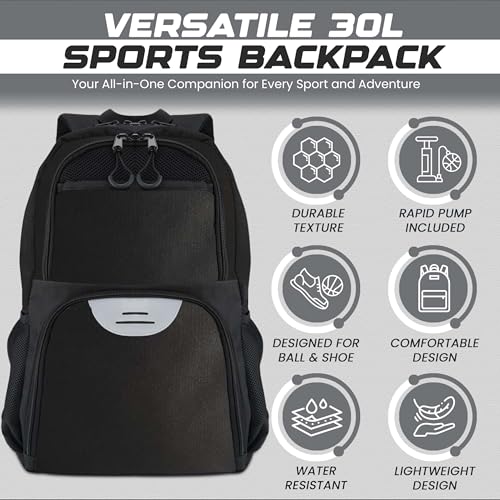 Soccer & Basketball Sports Bag with Ball Pump - Basketball Backpack with Separate Ball & Shoes Holder Compartment, Soccer Basketball Football & Volleyball Bag with Large Capacity - color: Black