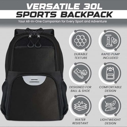 Soccer & Basketball Sports Bag with Ball Pump - Basketball Backpack with Separate Ball & Shoes Holder Compartment, Soccer Basketball Football & Volleyball Bag with Large Capacity - color: Black