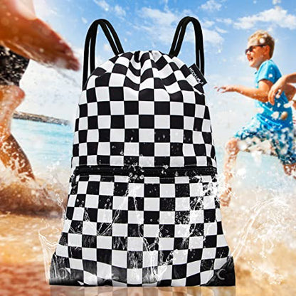 HOLYLUCK Drawstring Backpack Bag Sport Gym Sackpack - color: Black and White Grid