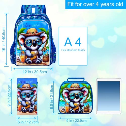 3Pcs Backpack for Boys, 16" Koala Kids Bookbag Set for Elementary Preschool Kindergarten, School Backpacks with Lunch Box(Blue) - color: Koala Blue