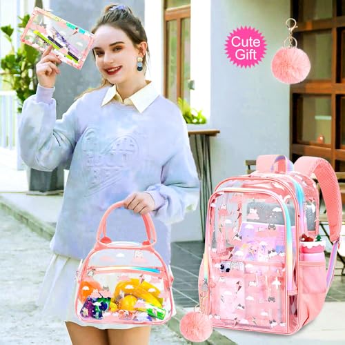 gxtvo 3PCS Girls Clear Backpack Heavy-Duty Set for Women & Teen, 17" Pink See Through Bookbag with Rainbow Strap, Cute Cloud Cat Transparent School Bag - color: Pink Cloud Cat Clear Backpack Set