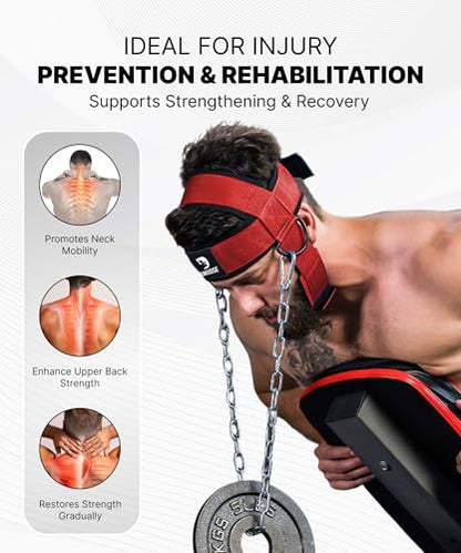 DMoose Fitness Neck Harness for Weight Lifting - Soft Padded Head & Chin Strap with 30" Heavy Duty Steel Chain - Neck Exerciser, Trainer & Strengthener to Support Injury Recovery and Intense Workouts - color: Red