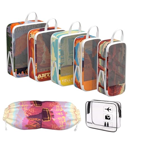 Compression Packing Cubes for Travel, 7 Set National Park Expandable Mesh Luggage Organizers, Waterproof Expandable/Compression Bags Travel Packing Cubes with Clear Toiletry Bag - color: National Park, size: Set of 7