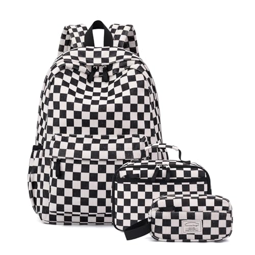 Tanweibago Backpack for Girls Boy Teen Corduroy Bookbags Elementary Middle High School with Lunch Box Pencil Bag (Chessboard Black) - color: Chessboard Black