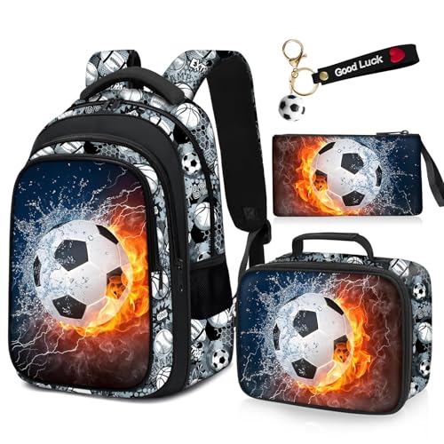 School Backpack for Boys - 4pcs Soccer Boys Backpack with Lunch Box Set for Kids Children Teens Elementary Middle School - 17″ Sport Bookbag Travel Back Pack for Age 6-18 - color: Soccer Backpack01 Set