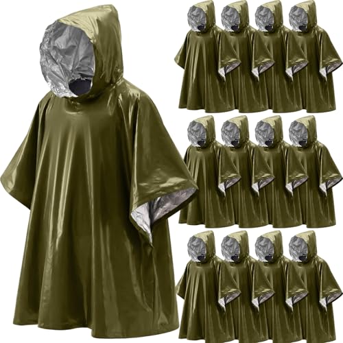 Tellegloww Emergency Ponchos with Polyester Film Blanket Liner Waterproof Windproof Thermal Survival Blanket Rain Ponchos - color: Green