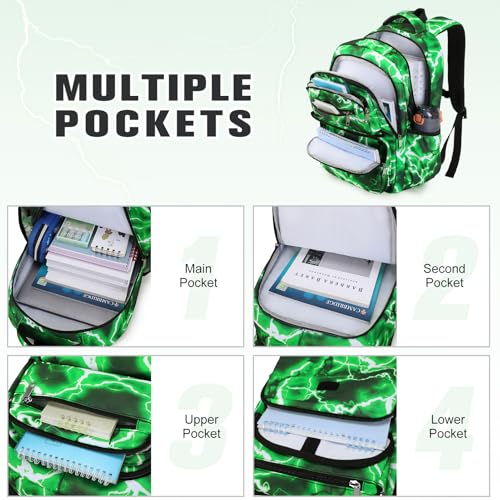 Bevalsa Backpack for Boys, Lightning School Bags with Lunch Bag & Pen Case for Kids, Bookbag for Boys Teens Elementary Middle High School - color: Neon Green