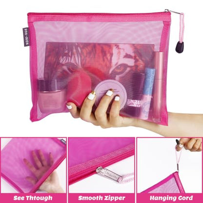 6 Pack Mesh Cosmetic Bags, Nylon Makeup Pouches with Zipper for Home Office Purse Diaper Bag (Rose) - color: Rose(2size)