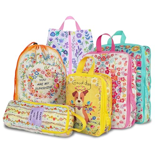 6 Pcs Compression Packing Cubes for Travel, Waterproof Luggage Organizer Washable Storage Bags Set - Packaging Cubes for Backpack Travel and Carry-Ons - color: yellow purple cyan, size: 6 Set
