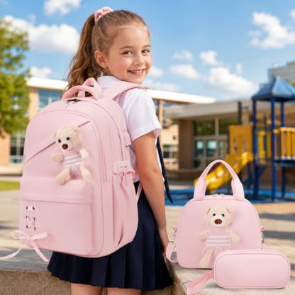 ACESAK School Backpack for Girls - 3 PCS Cute Girls Backpack with Lunch Box & Pencil Case - Kawaii Casual Kids Bookbag School Bag Daypacks Set for Elementary Middle High School Student Teens (Pink) - color: Pink