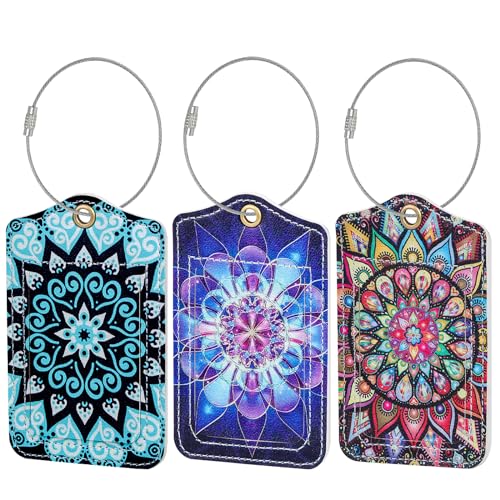 Fishent Luggage Tag, 3 Pack Travel Cruise Luggage Tags for Suitcases, Cute Suitcase Tags Identifiers Bag Tags with Privacy Flap, Baggage Name Tag for Women Men Luggage Backpack Handbag School Bag - color: A_colorful Mandala