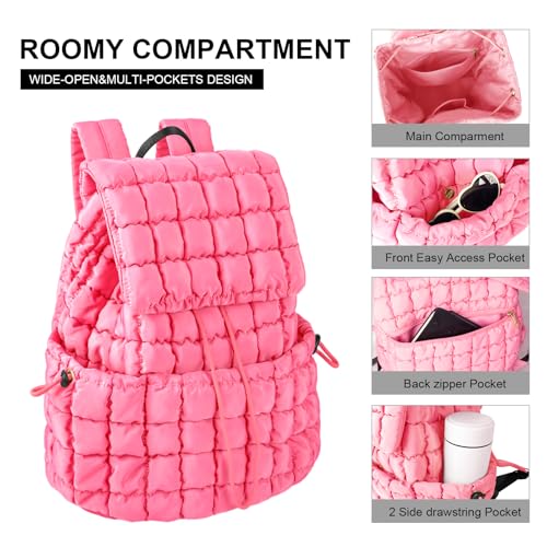 XSUIOY Quilted Backpack Purse for Women Small Lightweight Puffer Puffy College Laptop Backpack Nylon Casual Bookbag Daypack Top Flap Drawstring Padding Hiker Travel Gym Backpack(Pink) - color: Pink